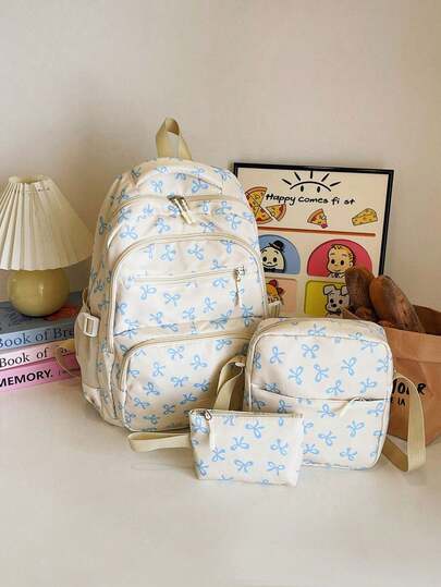 3pcs Nylon Bow Print Backpack Set, Foldable Multi-Pocket Large Capacity Waterproof Zipper Backpack, Suitable For Teenagers, High School Students, College Students, Ladies For Daily Use, Commuting, Travel, Valentine's Day Gift