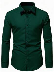 1pc Men's Casual/Business Shirt, Intricate Craftsmanship - Pearl Buttons, Comfortable 100% Polyester Fabric, Meticulously Tailored, Slim Fit - Recommended To Pair With Suit Pants - Dark Green - View 4