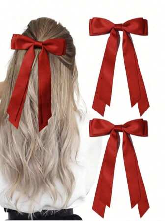 2 Pcs Hair Bows Clips For Women, Burgundy Red Bow Cute Bow Hair Clips For Women Ribbons Bow Barrettes Satin Hair Bows Long Tail Clips On Bows Party Hair Accessories
