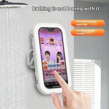 1pc 360° Rotating Waterproof Shower Phone Holder, Extendable & Adjustable Angle, Shower Phone Case, Anti-Fog, High Sensitivity Protective Cover, Suitable For Bathroom Wall, Bathtub, Kitchen, Waterproof Bathroom Touch Screen Phone Case, Available In Pink And White - White - View 1