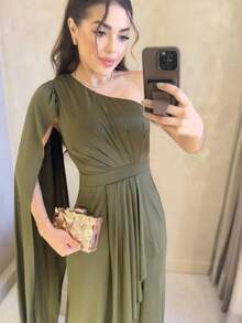Women's Long Party Dress, One Shoulder With Elegant Slit, One Size M (Fits Sizes 38 To 42) Simple, Elegant Party Dress, Perfect For Beach, Weddings, Bridesmaids, And Graduations. - 軍綠色 - 查看 3