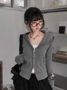 Women's Long Sleeve Korean Style Chic & Sexy Design Reversible Zipper Casual Slim Fit Sweatshirt Sweatshirt - Grey - View 4