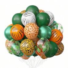 طقم إكليل بالونات الغابة، بالونات لاتكس مطبوعة بنقشات حيوانات بألوان الخضراء الداكنة والبني والذهبي مع أوراق النخيل لديكور حفلة استحمام الطفل بموضوع "الحياة البرية" وحفلات عيد الميلاد بأجواء استوائية وغابات