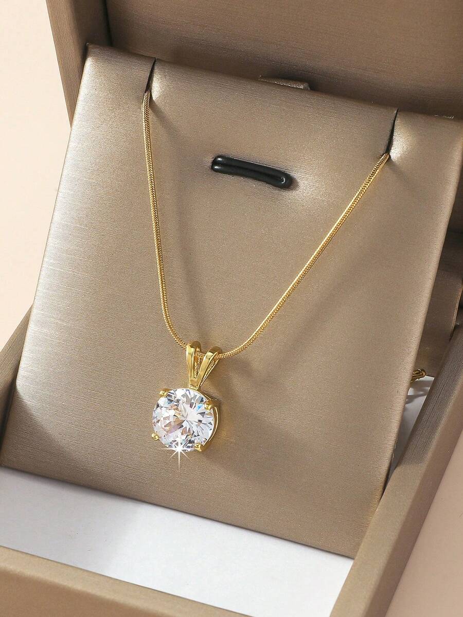 1 chiếc vòng cổ mặt dây chuyền Zirconia đơn giản, dây chuyền thép không gỉ hình rắn, tông vàng thanh lịch, phù hợp cho phụ nữ - Vàng - Xem 1