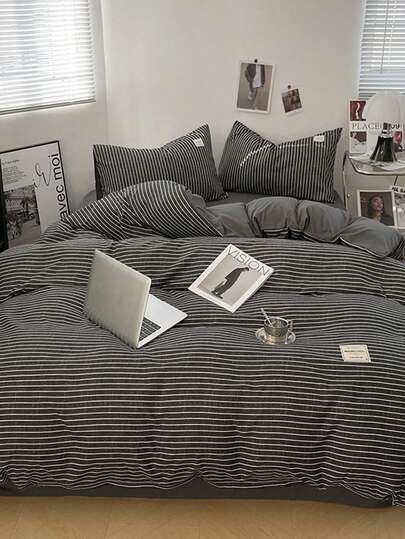 4pcs Simple Striped Plaid Bedding Set (1 Duvet Cover, 2 Pillowcases, 1 Bed Sheet), Modern Cozy Style Without Filler, Suitable For Home, Bedroom, Dormitory Decor