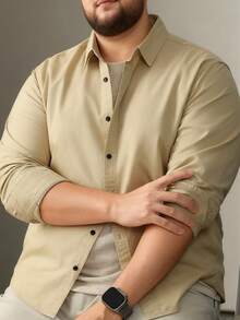 Plus Size Men's Khaki Solid Color Long Sleeve Shirt, Classic Autumn New Style Casual Shirt Top - Khaki - View 2