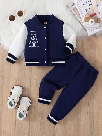 2件套幼儿男童休闲字母印花棒球夹克和裤子套装