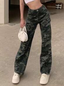 女士休闲街头时尚迷彩牛仔裤 - 藍色 - 查看 3