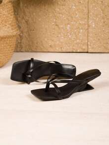 Square Toe High Heel Thong Sandals For Women, Black One-Piece Flip Flops For Summer - 黑色 - 查看 7