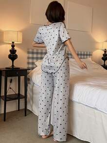 2pcs Women's Pajama Set, Heart Print V-Neck Short Front Long Back Short Sleeve Top And Long Pants, Cute Black Sleepwear Set, Women Casual Loungewear, Women's Intimate Apparel, Suitable For Spring And Summer - Light Grey - View 2