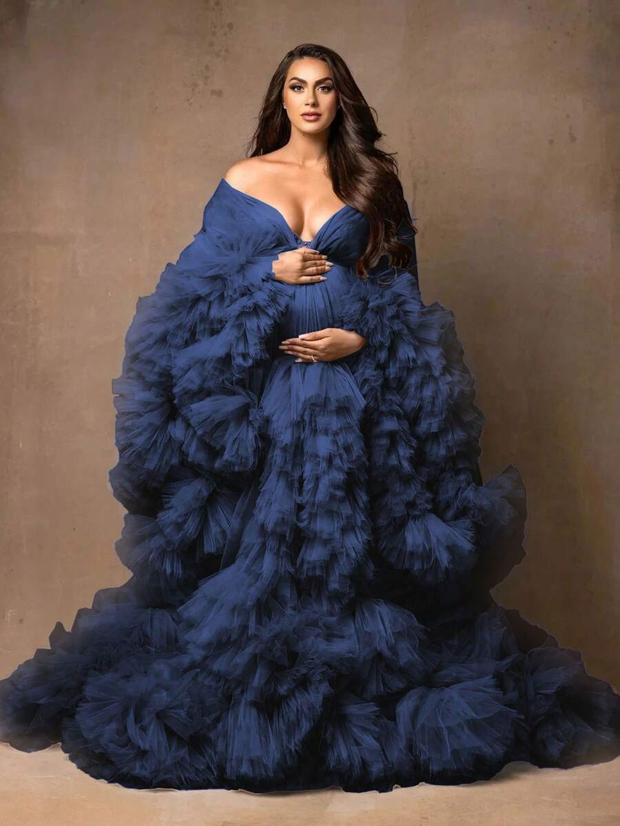 1pc  Floral    Party  Elegant    Mesh Fabric    Knot  Ruffle Hem    Maternity Dress  Wedding    Summer Fall Spring Winter  Ruffles  Long Sleeves  Kimono  Pregnant Gowns For Photoshoot  Plus Size  Gift For Valentine Day - 藏蓝色 - 查看 1