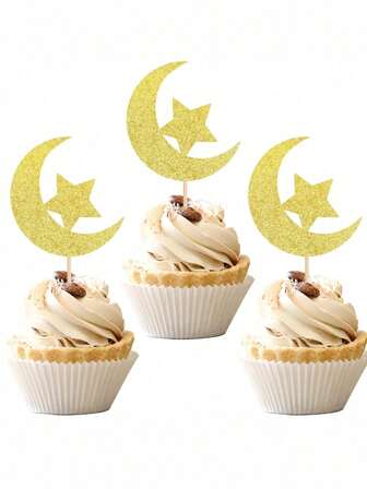 12 piezas Decoraciones para cupcakes con luna y estrella, palillos para cupcakes con brillo dorado para Ramadán Kareem, Eid Mubarak, decoraciones y suministros para fiestas con tema islámico y musulmán