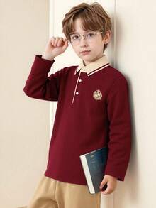 Young Boy Classic Casual Polo Shirt With Letter Embroidery Badge, Color Block Trim Collar, Long Sleeve, Suitable For Daily, Group Travel, Gathering, Outdoor Activities - Burgundy - View 1