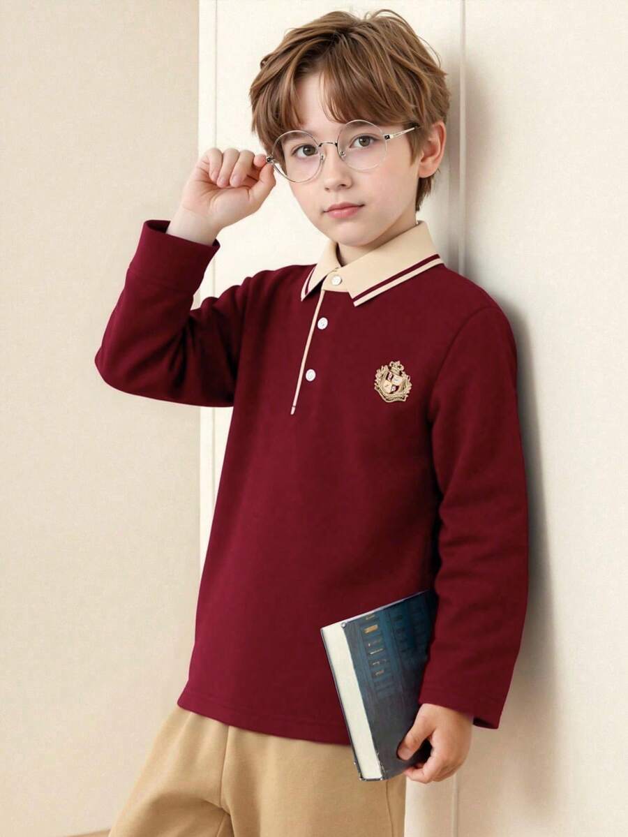 Young Boy Classic Casual Polo Shirt With Letter Embroidery Badge, Color Block Trim Collar, Long Sleeve, Suitable For Daily, Group Travel, Gathering, Outdoor Activities - Burgundy - View 1