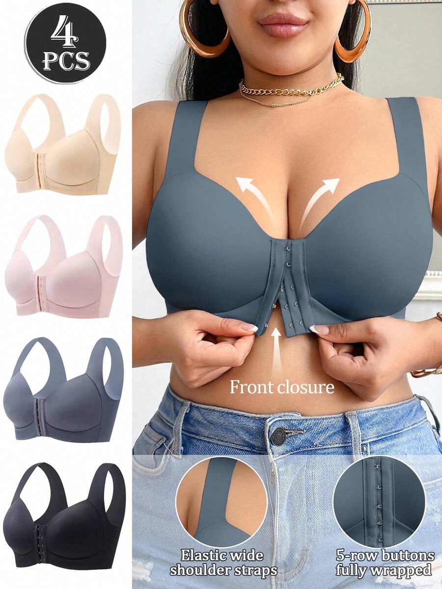 LRNG XMNG EA 4 piezas Sujetadores de mujer de talla grande con cierre delantero, sujetadores con cierre delantero cómodos y sexys para uso diario, de unicolor sin bulto lateral - Multicolor - Ver 1