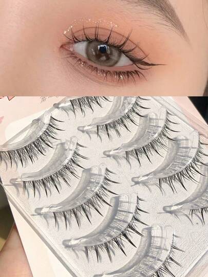 5对6-10mm直型假睫毛，超级柔软迷人，卡通感十足，尖尾自然卷翘纤细，仿生绒毛，极细黑色睫毛梗，轻盈嫁接，根部清晰，放大双眼，可重复使用，不刺激皮肤，适合日常通勤妆容。