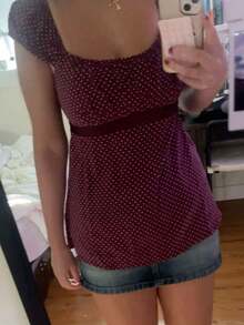 Women Y2K Fairy Grunge Babydoll Shirt Top Polka Dots Print Scoop Neck Back Bow Tie Up Flowy T Shirts Summer Cap Sleeve Back Smocked Slim Fit Crop Tank Tops Teen Girsl Cute Preppy Going Out Tee Top Vintage Aesthetic Fairycore Clothes Streetwear - Màu Đỏ Sâu - Xem 4