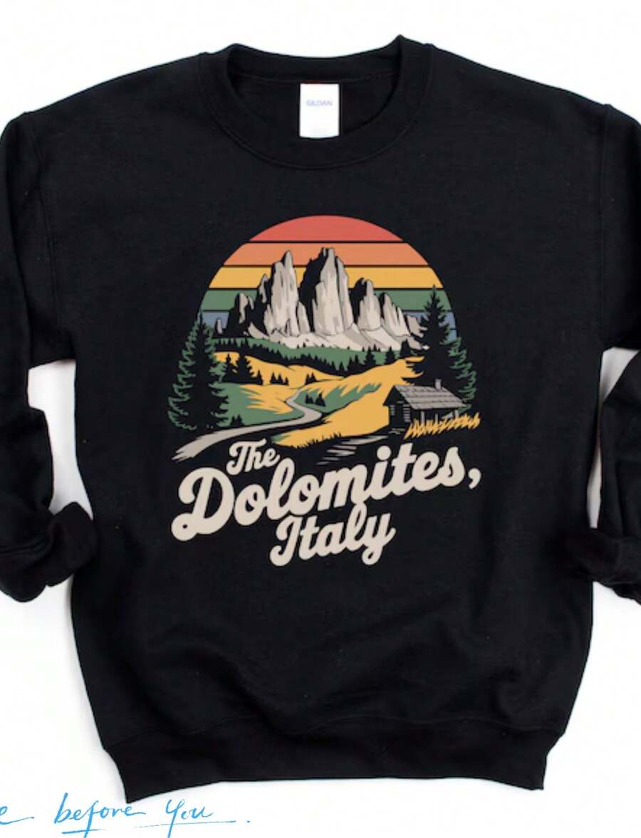 Dolomites Crewneck, Italy Sweatshirt, Alps Pullover, Italian Mountains Sweater, Hiking Apparel - màu đen - Xem 1