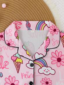 2pcs/Set Girls & Teens Casual Cartoon Ice Cream, Strawberry, Flower, Rainbow Print Lapel Long Sleeve Cardigan And Pants Pajama Set, Flame Retardant, All Season - Pink - View 5