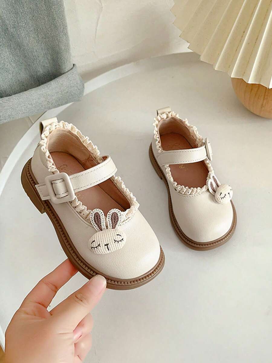 Toddler Girls' Spring/Autumn New Cute Rabbit Floral Lace Leather Shoes, Soft Sole Anti-Slip Versatile Shoes - Beige - View 1