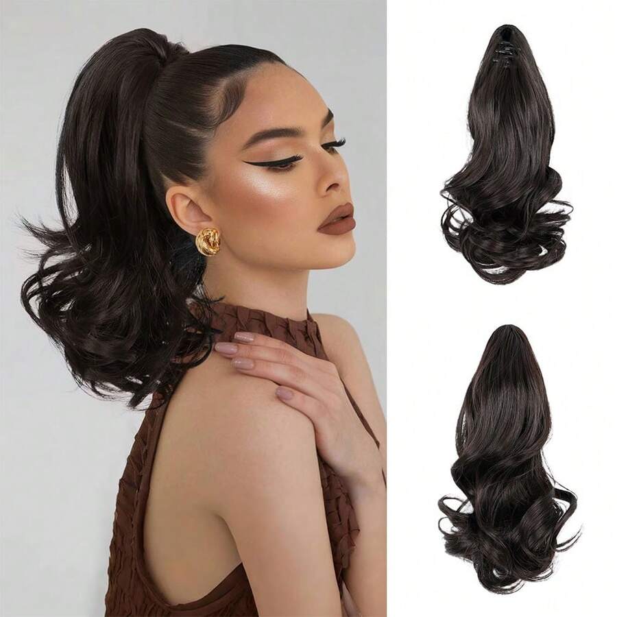 黑色棕色12英寸短款波浪卷马尾夹式接发，适合女性，自然卷曲，层次分明，适合短而稀疏的头发，合成假发