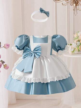 1 pieza Vestido de princesa de encaje para niñas, vestido formal de fiesta azul
