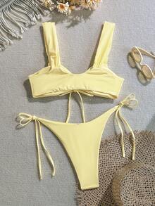 女士时尚比基尼套装，性感沙滩基本款系带时尚泳装，适合女士夏季海滩度假 - 淡黃色 - 查看 4