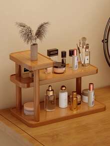 Multi-Tier Wooden Countertop Storage Rack With Cup Holder - Modern Light Brown Freestanding Organizer Rack, Space-Saving For Bathroom, Kitchen Or Vanity, Wooden Cosmetics And Toiletries Storage Rack