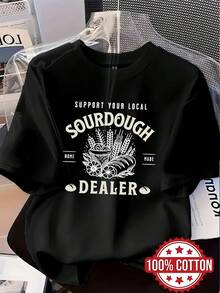 1pc 100% Cotton Women Sourdough Bread Lover 2D Print Crew Neck Short Sleeve TShirt for All Seasons - Negro - Ver 1