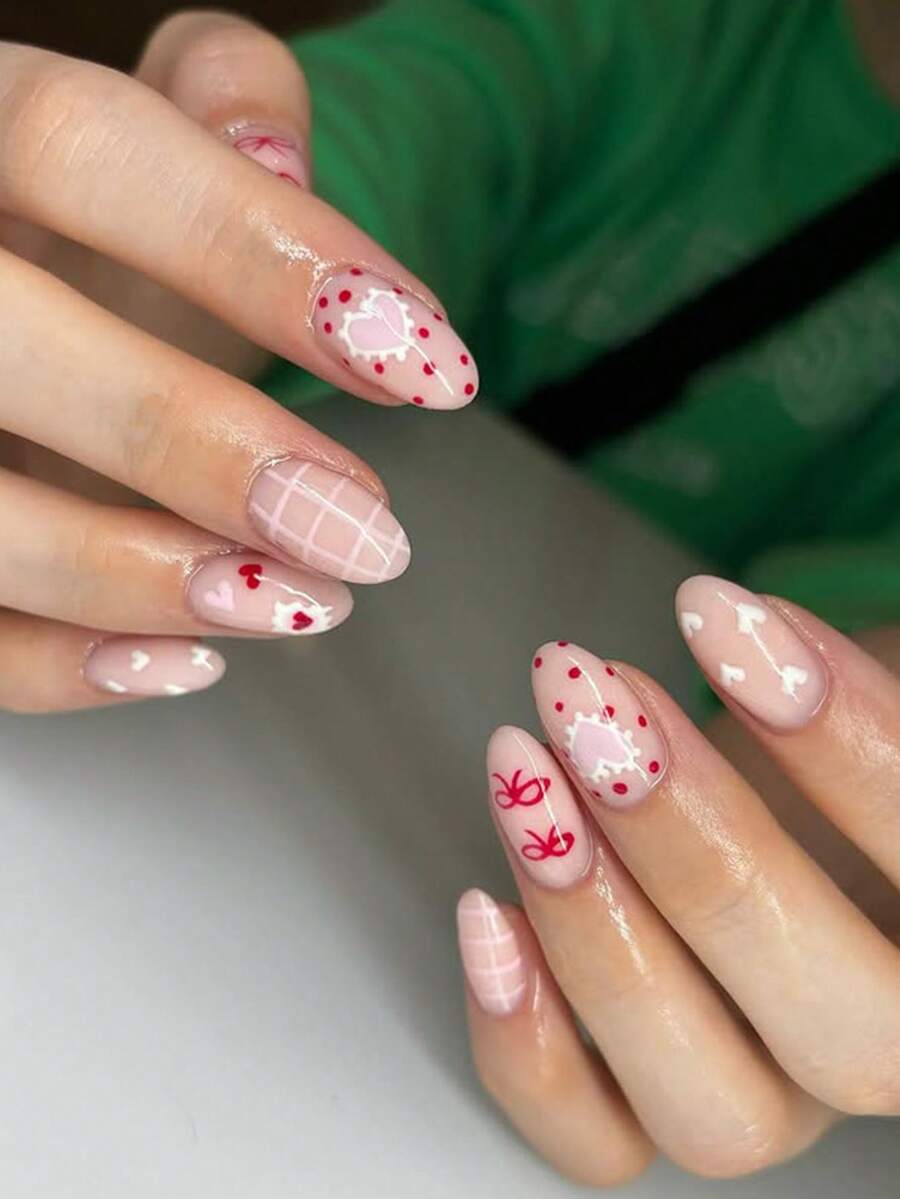 Mejora tu estilo con 24 piezas de uñas postizas de almendra de tamaño medio a largo con superficie brillante, diseño simple y dulce de lazo en forma de corazón, uñas prensadas, set completo de uñas postizas, fácil de usar para uñas francesas, adecuado para la vida diaria de mujeres y niñas, fiestas de citas, uñas para el Día de San Valentín