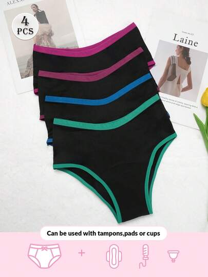 4pcs Absorbent Leak-Proof Menstrual Underwear For Teenage Girls, Puberty Period Panties