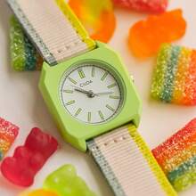 [CILOA] Reloj de cuarzo con diseño de nicho cuadrado, correa de nilón a rayas personalizada, esquema de color adecuado para estudiantes y uso diario, estilo interesante, excelente opción de regalo - Rosa - Ver 6