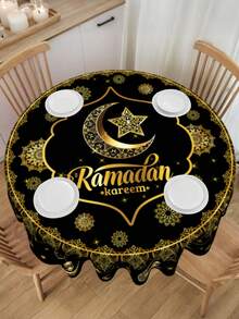 1 Stück Ramadan Tischdecke, 150CM Ramadan Kareem Polyester Runde Tischdecke, Schwarz Gold Mond Stern Laterne Muster Eid Mubarak Tischdecke, Ramadan Dekorationen für Zuhause, Feiertags Küche Esszimmer Tischdekoration, Eid Al-Fitr Festival Party Feier Zubehör - Verschiedenfarbig - Übersicht 8