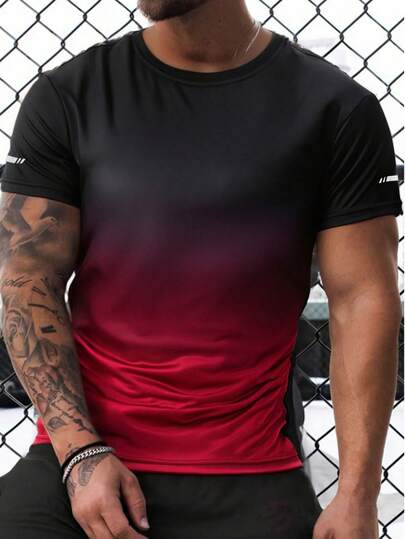 Camiseta de manga corta con cuello redondo y degradado para hombre, uso casual diario y deportes al aire libre, verano