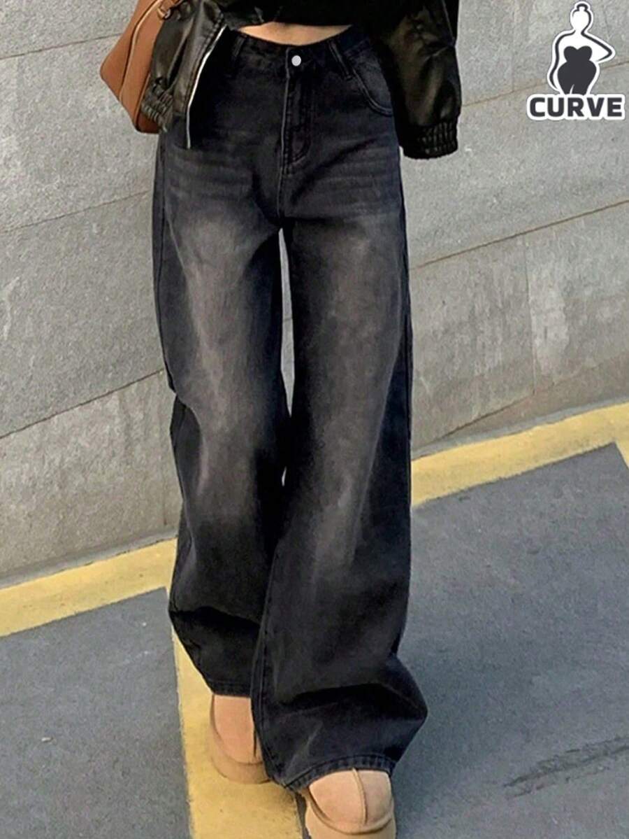 Plusstorlekar lösa raka, slitna vintage-denimjeans för kvinnor - Mörkgrå - Visa 1