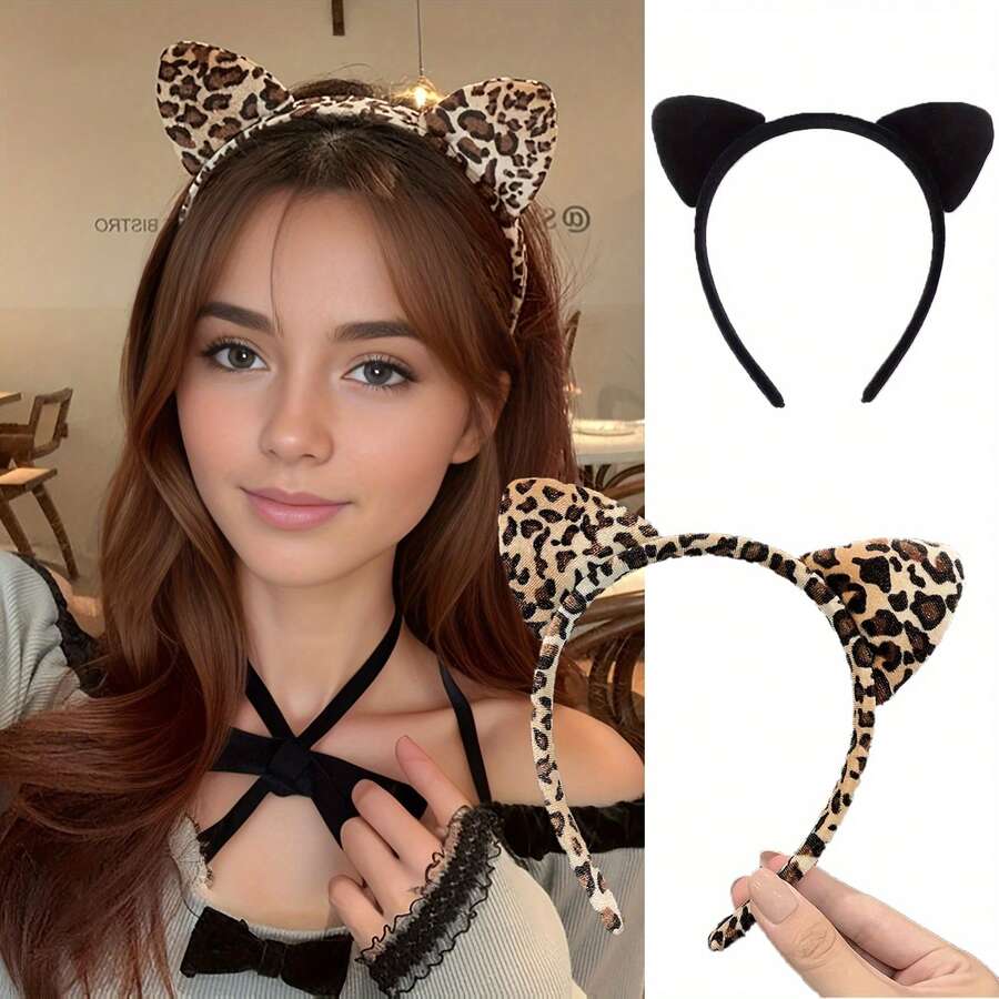 1 Cat Ear Headband Cute Super Sweet Leopard Print Headband Female Girl Jewelry Headband Headdress Net Celebrity Hairpin Face Wash
