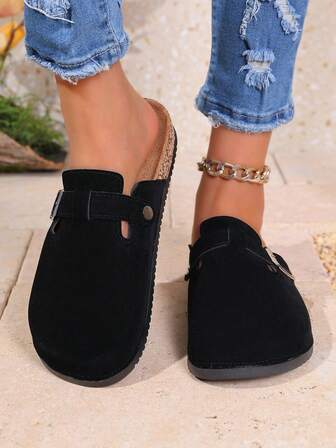 Retro-Style Slip-On Slippers With Suede-Like Fabric Covering The Instep, Accented By Metal Buckle Strap. Rubber And Faux Cork Sole Feels Like Walking On Clouds, Open Heel Design For Cooling Comfort. Slip-On Relaxed Fit For Commuting And Casual Wear.