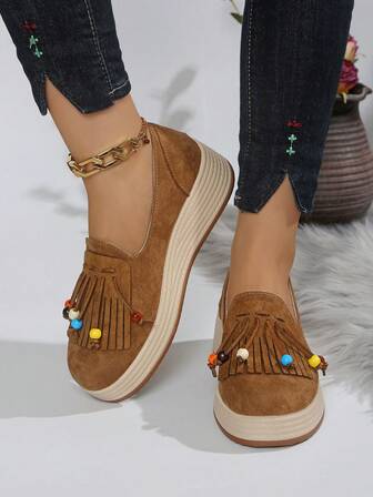 Mocasines sin cordones para mujer - Zapatos de plataforma con flecos, cómodos para todas las estaciones, diseño minimalista y elegante