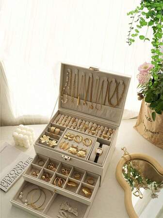 Caja de almacenamiento de joyas de 3 capas, organizador de relojes, soporte para aretes, exhibidor de collares, bandeja para pulseras, estuche para anillos, joyero de tocador con cajones, organizador de joyas de gran capacidad de 3 niveles, caja de joyas rectangular con broche para encimera