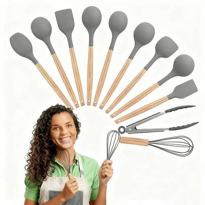 12/1 pc kit de artículos de cocina de silicona contiene mezclador de pasteles, herramientas de ayuda para hornear, utensilios de cocina y cubiertos an