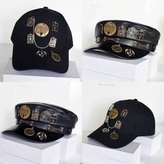 Men's Baseball Cap, Men's Navy Cap, Polyester Men's Punk Rivet Beret Hat, Black Wide Brim Streetwear Cap, Winter