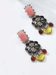 ZAA 花卉心形吊坠耳环，流苏耳环，复古轻奢耳环，波西米亚中世纪风格耳环，女士珠宝 - 彩色 - 查看 4