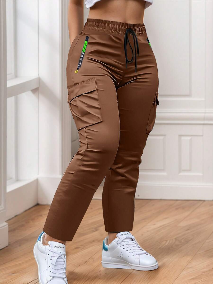 Women's Zipper Pocket Cargo Pants, Lightweight Straight Leg Design, Suitable For Daily Outdoor And Dates, Spring And Autumn - 棕色 - 查看 1