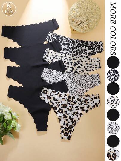 8pcs Women's Leopard Print Thong Panties, Comfortable Seamless Underwear For Daily Wear