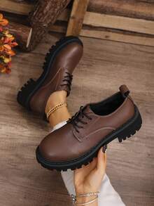 Women's Shoes, Women's Platform Shoes, New Brown Leather Women's Shoes, Casual Chic Platform Loafers, Retro British Style Niche Shoes, Round Toe Lace-Up Women's Shoes, Fashionable Versatile Classic Shoes, Outdoor Casual Women's Shoes - Brown - View 1