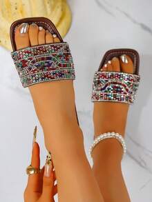 Summer New Rhinestone Slip-On Beach Sandals, Fashionable Flat Slippers - Coffee 1 - View 3