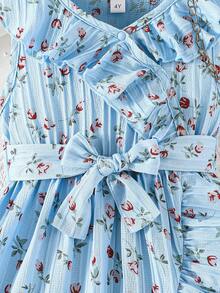 Young Girls' Elegant Floral Print Dress, Summer - Baby Blue - View 4