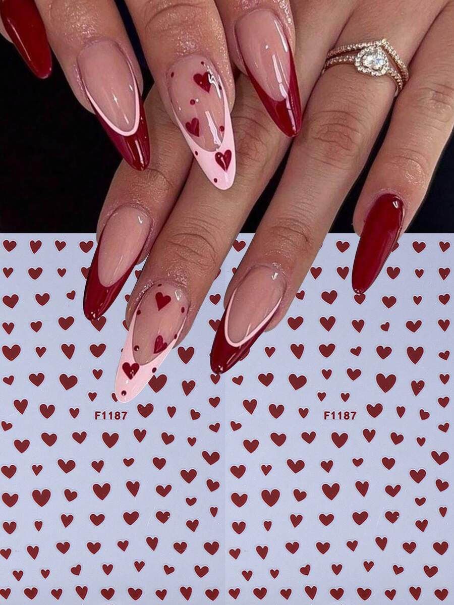 Bộ 2 miếng dán móng tay hình trái tim màu đỏ rượu vang, decal trái tim tình yêu lãng mạn 3D tự dán, trang trí móng tay tự dính cho ngày Valentine. - Màu Đỏ Sâu - Xem 1