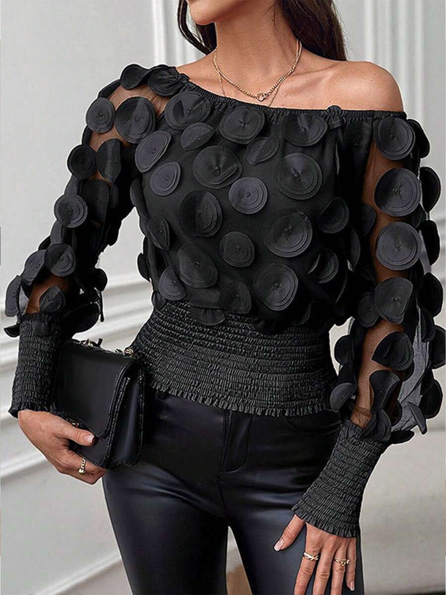 Blouse transparente rétro pour femmes à pois 3D, Top à manches longues avec épaules dénudées et taille cintrée, en tissu tissé unicolore, élégant pour le port quotidien, les sorties, les soirées célibataires, le printemps/l'été - Noir - Voir 1