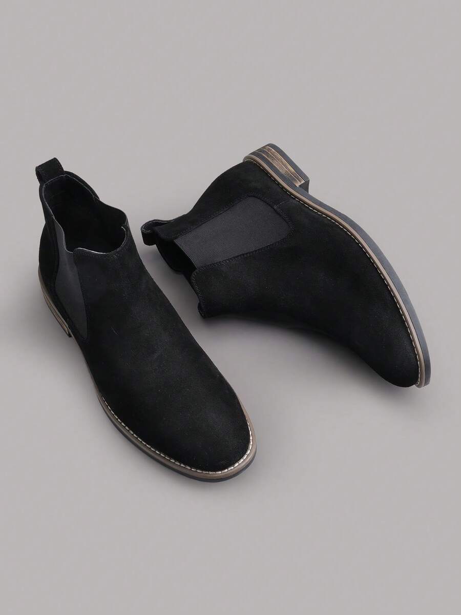 Men's Suede Leather Chelsea Boots Ankle Boots  Round Toe, Low Heel, Mid-Cut, All-Match Ankle Boots - 黑色 - 查看 1